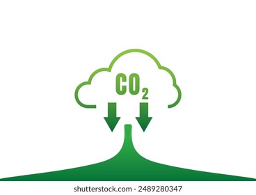 Concepto de reducción de dióxido de carbono. Nubes verdes y el símbolo de CO2, flecha abajo sobre fondo blanco. 