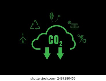 Carbon Dioxide Reduction Concept. Green clouds and the CO2 symbol, down arrow with the icon of electric scooters, solar cells, wind power generating electricity, recycling waste on black background.