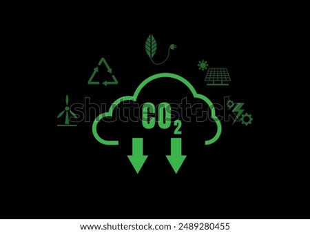 Carbon Dioxide Reduction Concept. Green clouds and the CO2 symbol, down arrow with the icon of electric scooters, solar cells, wind power generating electricity, recycling waste on black background.