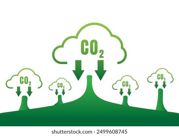 Carbon Dioxide Reduction Concept. Many green clouds tree and the CO2 symbol, down arrow on white background. 