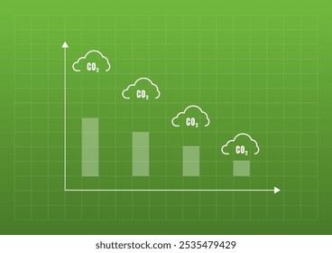 Concepto de reducción de dióxido de carbono. Nubes blancas y el símbolo de CO2, desplegable en el gráfico de tabla verde.