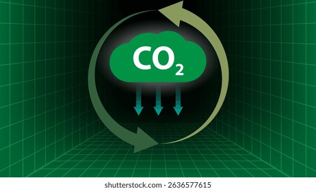 Carbon dioxide reduction cycle with green arrows and downward CO2 emissions