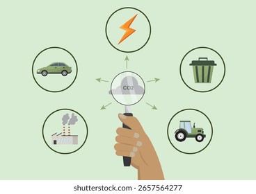 Fuentes de dióxido de carbono e impacto ambiental. Fuentes de emisiones que incluyen automóviles, fábricas, electricidad, desechos y agricultura para la conciencia ambiental. Concepto de huella de carbono. Ilustración vectorial