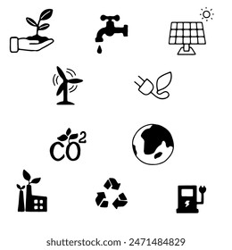 Carbon dioxide, water shortage, alternative energy sources, pollution. Set of vector icons of EPS 10 about ecology