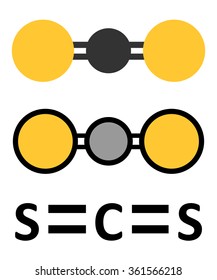 Carbon disulfide (CS2) molecule. Liquid used for fumigation and as insecticide. Stylized 2D renderings and conventional skeletal formula. 