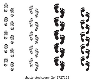 Carbon eco, co2, human bare walk footprints shoes and shoe sole Kids feet and foot steps Fun vector baby footsteps icon or sign for print Kid step for trail Walking footstep and footprint. Bootprints 