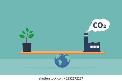 Carbon emission and clean energy concept, sustainable resources, concern about environmental issues, globe balancing between green plant and CO2 exhaust 