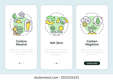 Carbon emission commitments onboarding mobile app screen. Walkthrough 3 steps editable graphic instructions with linear concepts. UI, UX, GUI template