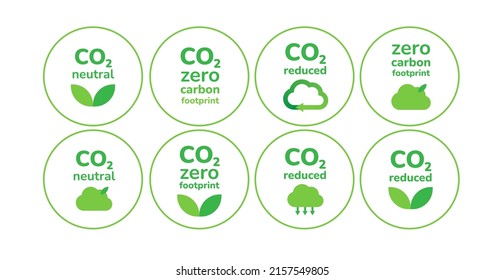Carbon emission reduction icon set. Zero carbon footprint, CO2 neutral, zero emission, eco friendly, sustainable business banners design elements. Stop global warming ecology environment consciousness