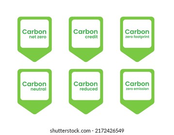 Carbon emission reduction icon set isolated on white. Zero emission, carbon credit, co2 neutral label banner collection for your ecology environment design. Stop global warming greenhouse effect.