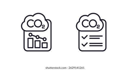 carbon emission reduction report line icons on white