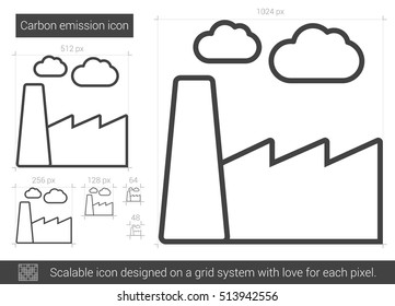 Carbon emission vector line icon isolated on white background. Carbon emission line icon for infographic, website or app. Scalable icon designed on a grid system.