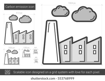 Carbon emission vector line icon isolated on white background. Carbon emission line icon for infographic, website or app. Scalable icon designed on a grid system.