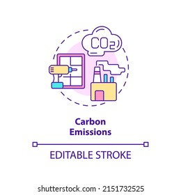 Carbon Emissions Concept Icon. ZEB Drawback Abstract Idea Thin Line Illustration. High Global Warming Potential. Isolated Outline Drawing. Editable Stroke. Arial, Myriad Pro-Bold Fonts Used