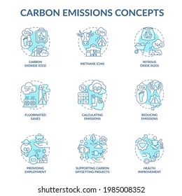 Carbon emissions concept icons set. Climate change idea thin line color illustrations. Supporting CO2 offsetting projects. Carbon dioxide. Vector isolated outline drawings. Editable stroke