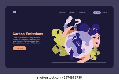 Carbon Emissions concept. Illustration of industrial impact on climate with factory emissions engulfing earth. Environmental concerns and pollution. Vector illustration.