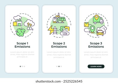 Carbon emissions onboarding mobile app screen. Walkthrough 3 steps editable graphic instructions with linear concepts. UI, UX, GUI template