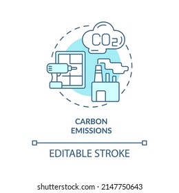 Carbon Emissions Turquoise Concept Icon. ZEB Drawback Abstract Idea Thin Line Illustration. High Global Warming Potential. Isolated Outline Drawing. Editable Stroke. Arial, Myriad Pro-Bold Fonts Used