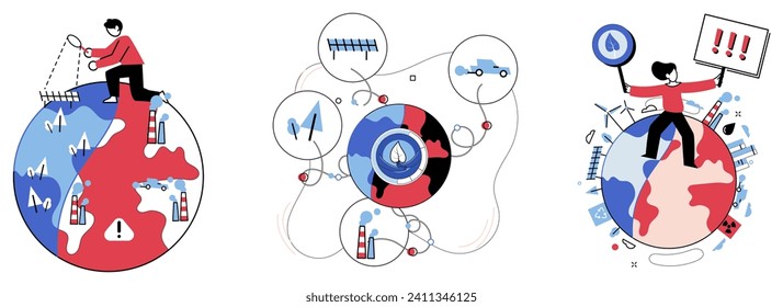 Ilustración vectorial de las emisiones de carbono. Las emisiones de dióxido de carbono contaminan la atmósfera, dejando huellas de daños ambientales La batalla contra el calentamiento global implica un esfuerzo colectivo