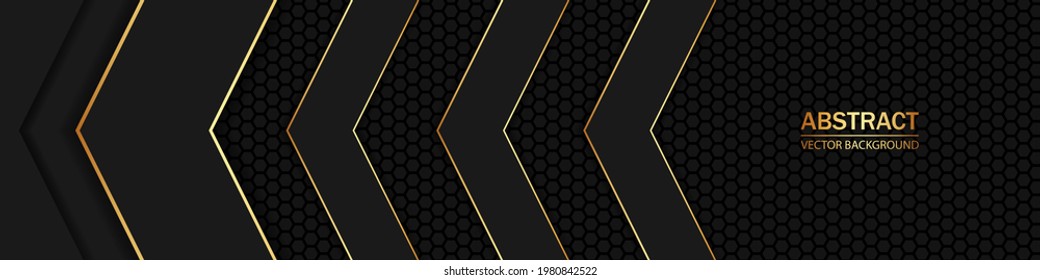 Carbon fiber hexagon black texture. Black and gold sharp arrows on dark carbon grid.