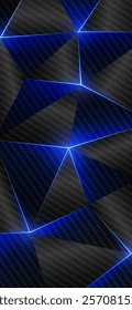 Carbon fiber low poly background. Abstract geometric smartphone wallpaper, bright shining lines, triangle. Gray blue low poly triangles background. Polygonal futuristic style. Vector illustration