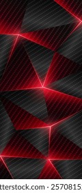 Carbon fiber low poly background. Car theme. Abstract geometric smartphone wallpaper, bright lines, triangle. Gray red low poly triangles background. Polygonal futuristic style. Vector illustration