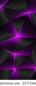 Carbon fiber low poly background. Abstract geometric smartphone wallpaper, bright shining lines, triangle. Gray purple low poly triangles background. Polygonal futuristic style. Vector illustration