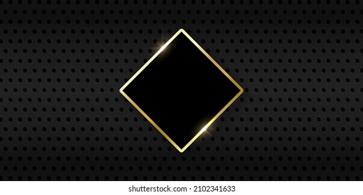 Carbon Fiber Texture with Gold Rhombus Frame. Metal Dark Black Background Perforated by Dots. Black Steel Metal Meshed Background. Grid Pattern. Abstract Modern Design. Vector Illustration.