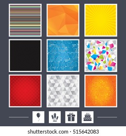 Carbon fiber texture. Mossaic and low poly design. Birthday party icons. Cake and gift box signs. Air balloons and fireworks rockets symbol. Abstract backgrounds. Vector