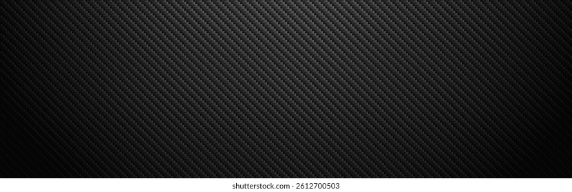 Carbon fiber texture with realistic shadow effect. Dark composite material. Wide industrial material for poster or banner. Black diagonal cloth. Vector illustration.