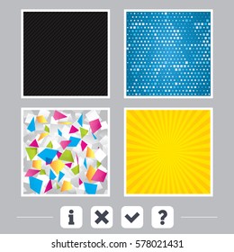 Carbon fiber texture. Yellow flare and abstract backgrounds. Information icons. Delete and question FAQ mark signs. Approved check mark symbol. Flat design web icons. Vector