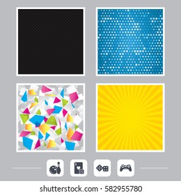 Carbon fiber texture. Yellow flare and abstract backgrounds. Bowling and Casino icons. Video game joystick and playing card with dice symbols. Entertainment signs. Flat design web icons. Vector