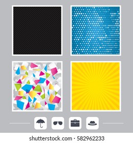 Carbon fiber texture. Yellow flare and abstract backgrounds. Clothing accessories icons. Umbrella and sunglasses signs. Headdress hat with business case symbols. Flat design web icons. Vector