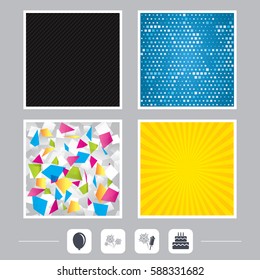 Carbon fiber texture. Yellow flare and abstract backgrounds. Birthday party icons. Cake and gift box signs. Air balloon and fireworks symbol. Flat design web icons. Vector