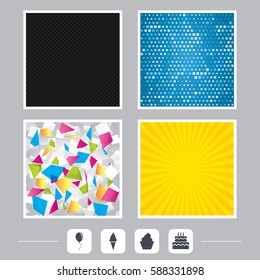 Carbon fiber texture. Yellow flare and abstract backgrounds. Birthday party icons. Cake with ice cream signs. Air balloon with rope symbol. Flat design web icons. Vector