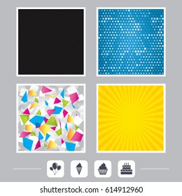 Carbon fiber texture. Yellow flare and abstract backgrounds. Birthday party icons. Cake with ice cream signs. Air balloons with rope symbol. Flat design web icons. Vector