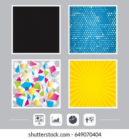 Carbon fiber texture. Yellow flare and abstract backgrounds. Diagram graph Pie chart icon. Presentation billboard symbol. Supply and demand. Man standing with pointer. Flat design web icons. Vector