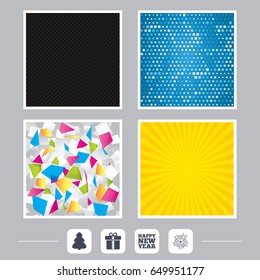 Carbon fiber texture. Yellow flare and abstract backgrounds. Happy new year icon. Christmas tree and gift box signs. Fireworks explosive symbol. Flat design web icons. Vector