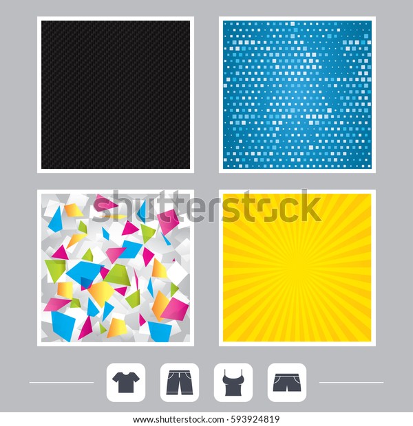Carbon fiber texture.\
Yellow flare and abstract backgrounds. Clothes icons. T-shirt and\
bermuda shorts signs. Swimming trunks symbol. Flat design web\
icons. Vector