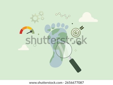 Carbon Footprint Analysis Environmental Impact. Magnifying glass examining earth footprint with measurement tools. Environmental impact analysis. Carbon footprint. Flat style. Vector illustration