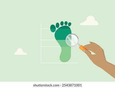 Carbon Footprint Analysis Magnifying Glass Environmental Research. Hand with magnifying glass examining green footprint on graph. Environmental impact measurement and analysis. Vector illustration