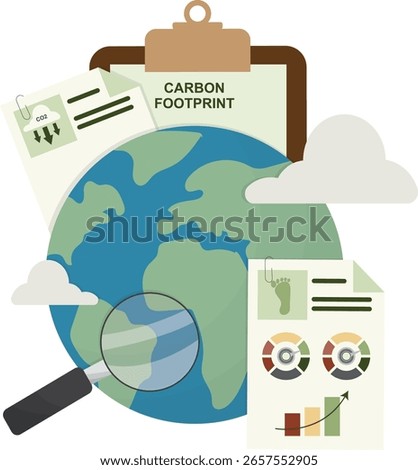 Carbon footprint assessment with Earth globe, and analytical charts isolated on transparent background. Environmental impact evaluation and sustainability reporting.Flat style.Vector illustration