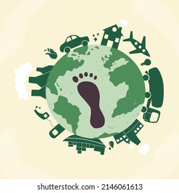 Carbon footprint CO2. Dangerous dioxide effect on planet ecosystem and sustainability. Carbon offset concept. Footprint on the earth flat vector illustration.