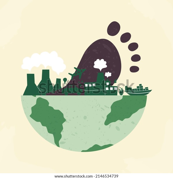 Carbon footprint CO2. Dangerous\
dioxide effect on planet ecosystem and sustainability. Carbon\
offset concept. Footprint on the earth flat vector\
illustration.