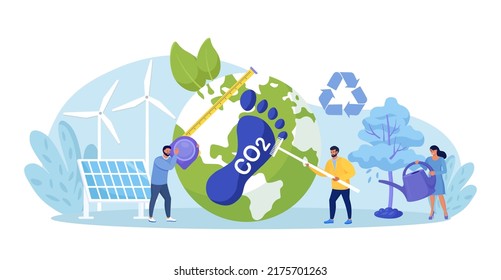 Carbon footprint as CO2 emission pollution. Human impact on ecosystem. Foot symbol as industrial toxic effect. Reduce dioxide greenhouse gases with alternative energy, plant ecological forestation