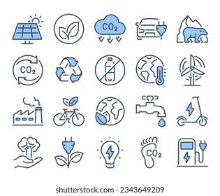 Carbon footprint, CO2 neutral, net zero, sustainable development blue editable stroke outline icons set isolated on white background flat vector illustration. Pixel perfect. 64 x 64.