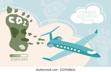 Carbon Footprint Concept With Airplane Sources Polluted The World. Global  Problem With Big Emissions Co2. Vector Green Politics Illustration In Flat Design Style Art