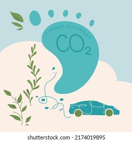 Carbon footprint concept with car with start up CO2. Sources polluted the world. Global problem with big emissions co2. Vector illustration green politics, BIG massage for carbon-neutral.