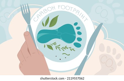 Carbon footprint concept with humans eating meat and a polluted world. Global  problem with big emissions co2. Vector green politics illustration in flat design style art.