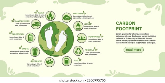 Carbon footprint concept with icon and infographic, measure huge foot, the impact of carbon pollution, Co2 emission in environment, carbon dioxide effect on planet ecosystem. Vector illustration.